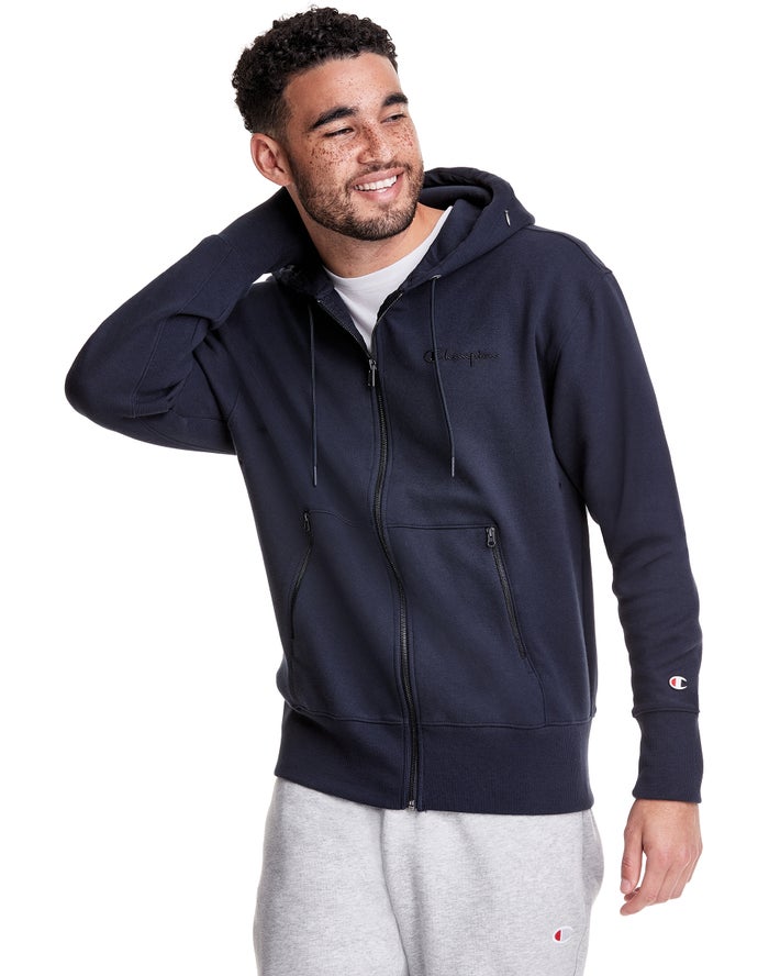 Champion Mens Hoodie NZ - Tech Weave Full Zip Script Logo Navy ( 4853-ZLKNP )